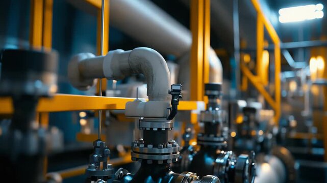 Industrial facility showing intricate network of pipelines, valves, and gauges, representing energy, engineering, and manufacturing processes within a modern factory environment