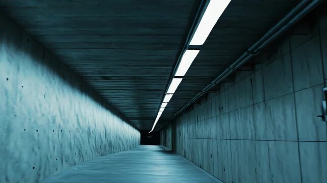Concrete tunnel extending into darkness, illuminated by fluorescent lights, creating a path to an unknown future with a sense of isolation and journey