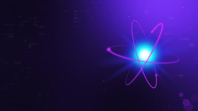 4K Purple Tech Quantum Core Header. Neon Magenta Atomic Nucleus with Glowing Orbits and Left-Aligned Copy Space.