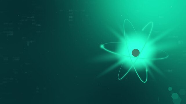 4K Cyber Teal Green Atomic Background. Single Glowing Quantum Hub with Matrix-Style Orbits for Web Header.