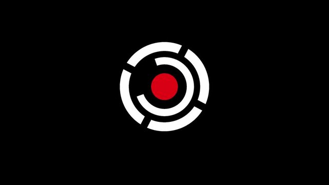 Abstract geometric circular logo with red center on black background representing innovation and technology