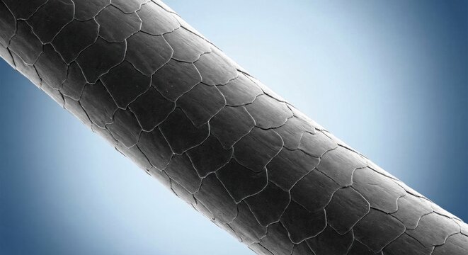 SEM view of healthy human hair strand with smooth keratin scales