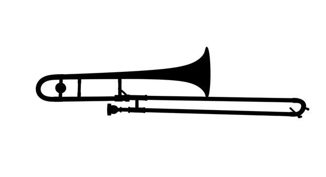 Black silhouette of a trombone on a white background musical instrument
