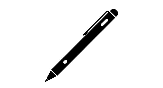 Black ballpoint pen icon with clip and tip on white background office stationary symbol