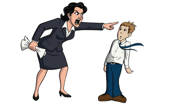Angry businesswoman scolding a young man in an office setting
