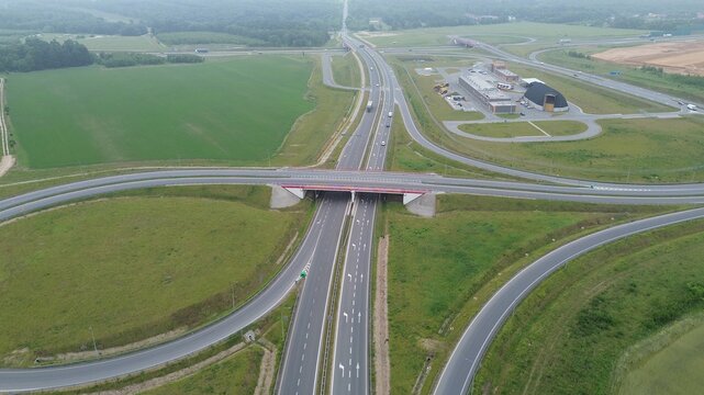 Aerial perspective of highway cloverleaf in Europe