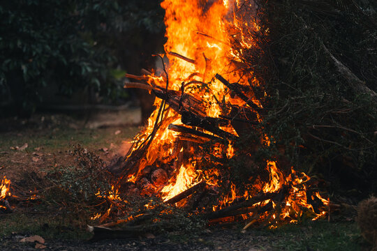 Bonfire flame fire burning heat wood smoke wildfire hazard danger outdoor bonfire flame fire burning wood heat smoke hazard danger nature at night dramatic blaze in forest clearing