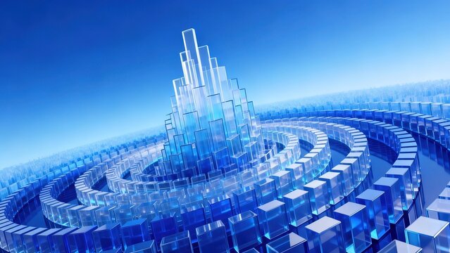 C4D Style Technology Poster Background, Transparent Geometric Shapes Converging Upwards, Klein Blue Gradient, Minimalist 8K Render