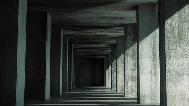 Concrete pillars and walls form a brutalist urban corridor, where strong morning sunlight casts long, dramatic shadows creating an abstract, minimalist pattern on the floor