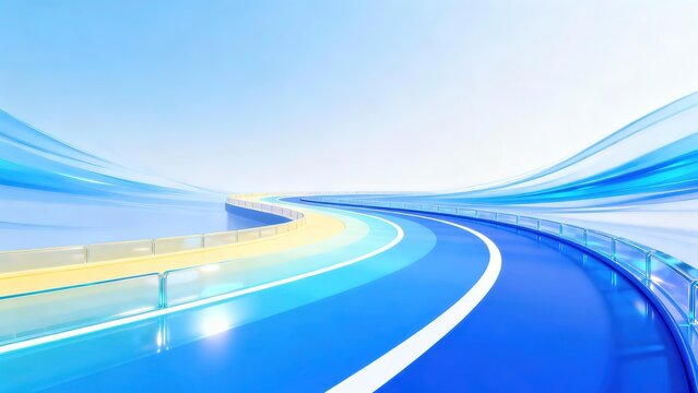 C4D Cartoon Style Technology PPT Background, L-Shaped Glass Track with Gradient Colors, Dynamic Blue Streamlines, Futuristic 3D Render