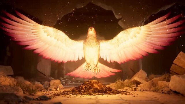 Resurrected Phoenix Spread Wings In Glowing Ruins Surrounded By Precious Treasure And Light