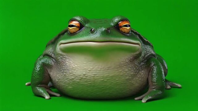 Green frog with orange eyes on green background