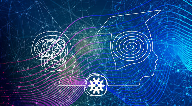Personal growth and development. Business and education concept. Metaphor of problem solving, chaos and mess, difficult situation. Chaotic lines in one head and order spiral in another.