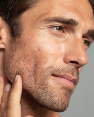 Fototapeta premium Dermatology treatment concept showing application of acne cream on sensitive skin.