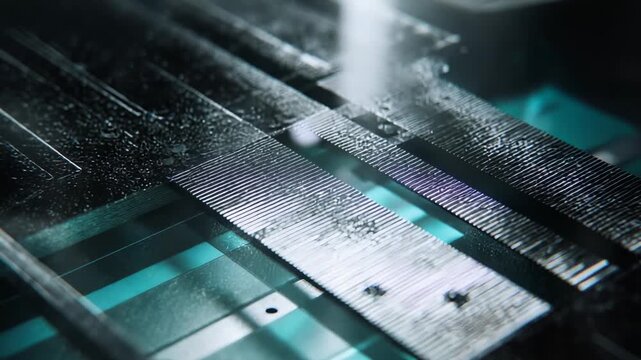 Precision instrumentation working on a miniature circuit board, creating intricate patterns of semiconductors and electronic components under focused light for cutting edge computing