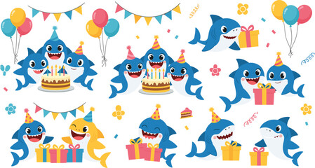 Cute sharks birthday party set with cake, balloons and gifts, cartoon sea animals celebrating holiday, fun marine characters vector illustration for kids design © Yevhenii creative