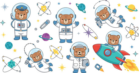 Cute teddy bear astronauts set with space elements, cartoon animals in spacesuits and rocket vector illustration collection © Yevhenii creative