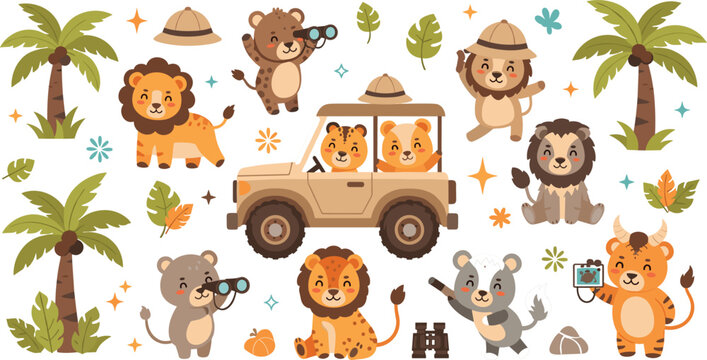 Cute safari animals adventure set with lion, tiger and jeep, cartoon wildlife characters exploring jungle, fun travel and exploration vector illustration for kids design