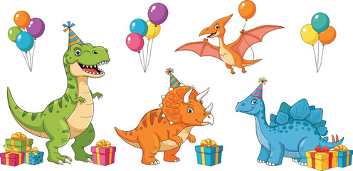 Cute Dinosaur Birthday Party Illustration Set Featuring T Rex, Triceratops, Pterodactyl, Balloons, and Gift Boxes © MST HASMOTARA