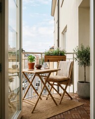 Fototapeta premium Small urban balcony with bamboo folding furniture potted herb garden and city street view