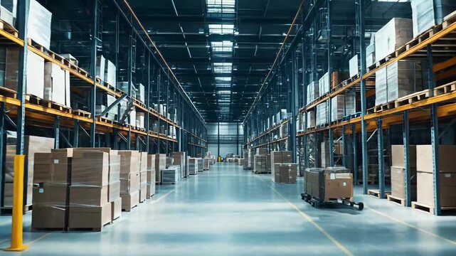 Logistics hub interior with rows of tall shelves holding pallets of merchandise, illustrating efficient storage, global trade, and supply chain operations