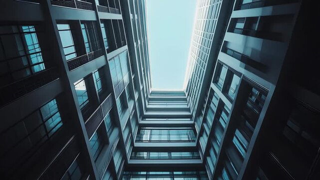 Modern office building features a unique low angle architectural perspective, showcasing multiple levels of repeating glass windows and structures, creating an abstract pattern
