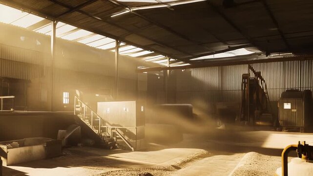Dusty industrial warehouse interior receiving golden sunlight from overhead windows, illuminating airborne particles and piles of raw materials on the floor, creating an atmospheric scene