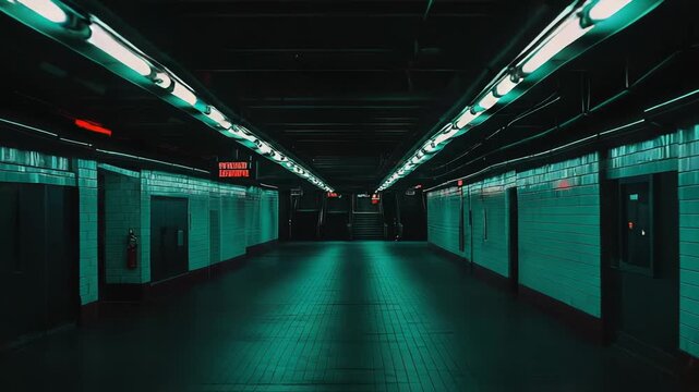Empty teal lit subway platform with glossy reflections on the dark floor, strong perspective lines and vanishing point creating a moody, futuristic urban underground atmosphere