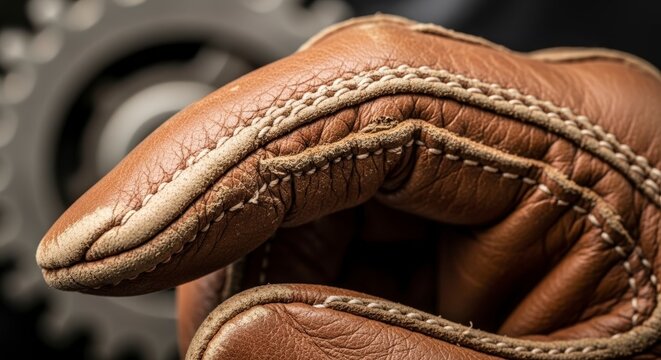 Brown leather motorcycle glove detail.