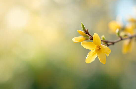 Close-up of yellow forsythia blossoms, Soft bokeh spring nature background. Delicate blooming flowers in garden