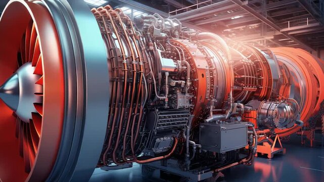 Advanced jet turbine engine with intricate components standing in an industrial facility, representing aerospace engineering, precision manufacturing, innovation, and technological progress