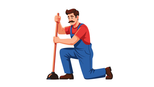 Man Holding Broom Kneeling.