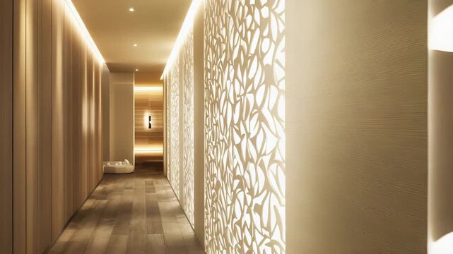 Tranquil contemporary spa corridor creating a relaxing atmosphere, featuring natural wooden wall paneling, subtle lighting, and decorative carved screens with botanical patterns