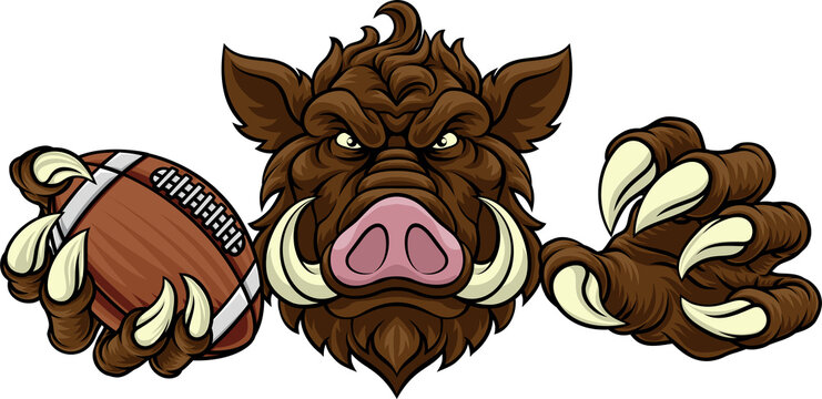 A wild boar, hog razorback warthog pig mean tough cartoon sports mascot holding an American football ball