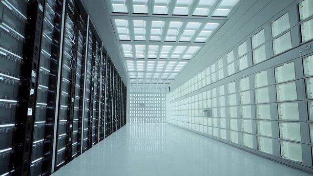Modern clean data center corridor extending between rows of server racks, illustrating advanced information technology infrastructure and extensive network computing capabilities