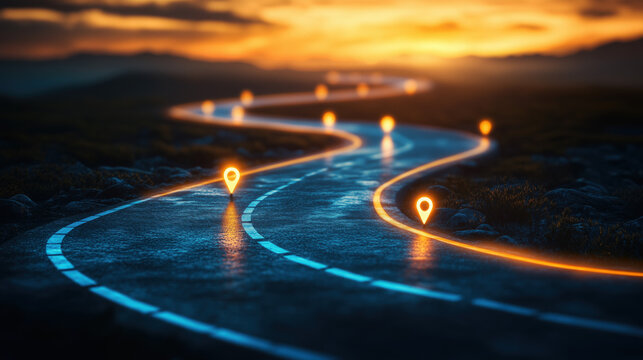 curved road at sunset with illuminated map pins forming timeline steps, leadership and vision theme