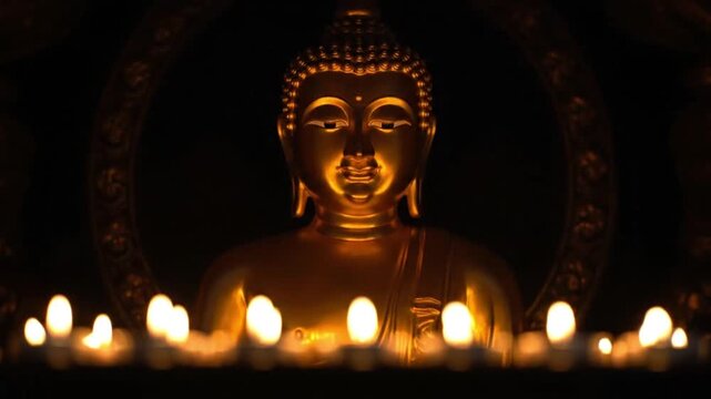 Buddha Statue Lit by Candles Meditation Scene at Night