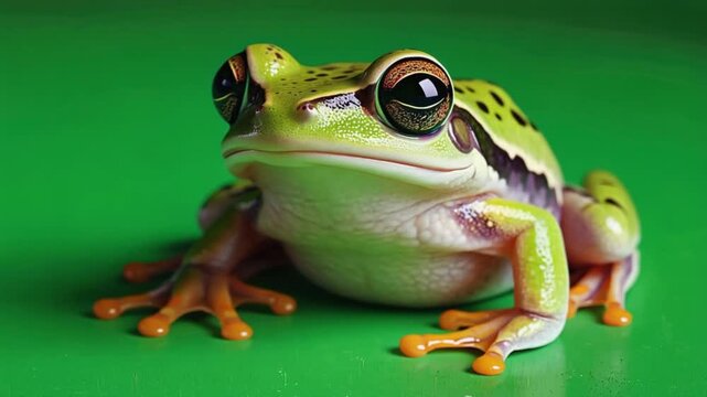 close-up of green frog on green background