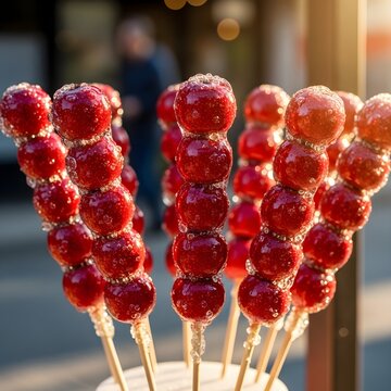 Close-up of traditional Chinese candied hawthorn skewers with glossy red sugar coating in sunlight