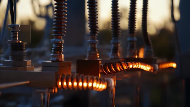 Electrical substation equipment at golden hour, insulators and conductors glowing in sunset light, highlighting high voltage infrastructure and power distribution lines