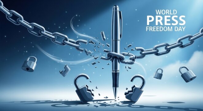 World press freedom day, pen breaking free from chains and locks