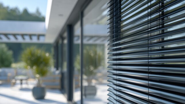 Exterior venetian blinds providing sun protection for a modern house with a glass facade and terrace