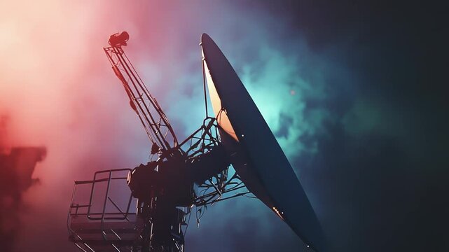 Satellite dish or radio telescope silhouette standing against a vibrant, dynamically colored sky, symbolizing global communication, intelligence gathering, and cosmic exploration