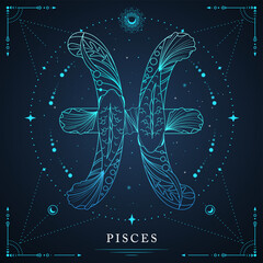 Modern magic witchcraft card with astrology Pisces zodiac sign on space background. Line art vector illustration © annbozhko