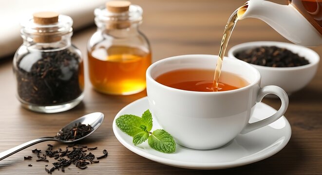 Tea being poured into a white cup on a wooden table with mint leaves