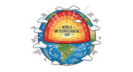 Vector illustration of Earth with a colorful temperature gradient and weather elements, celebrating World Meteorological Day with a design focused on meteorology awareness and climate © Fasuga