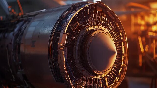 Aircraft engine component revealing complex internal mechanics and turbine blades, representing advanced aerospace engineering, travel, and aviation technology in a professional setting