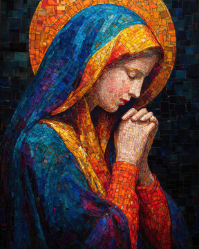 Virgin Mary in Prayer Colorful Mosaic Sacred Art. AI generative.