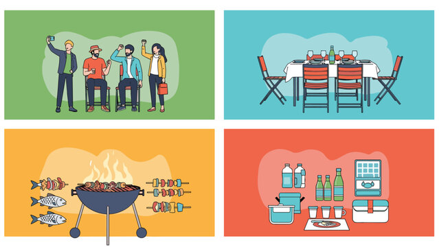 Four panel vector illustration depicting various outdoor leisure activities including group selfies dining outdoors barbecue grilling and camping supplies.