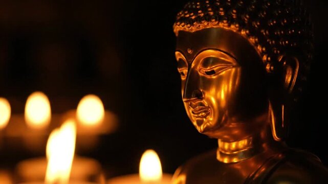 Golden Buddha Statue glowing candlelit calm in dim shrine